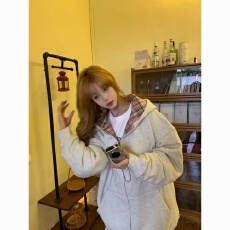 批发仿棉复合美式潮牌撞色格子拼接连帽<b class='q'>卫衣</b>女秋冬慵懒风拉链<b class='q'>开衫</b>外套