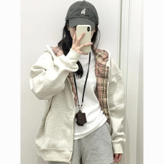 批发仿棉复合美式复古格纹拼接<b class='q'>卫衣</b>女秋冬宽松潮牌慵懒风<b class='q'>开衫</b>拉链外套