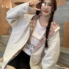 批发仿棉复合美式复古格子拼接连帽<b class='q'>卫衣</b>女<b class='q'>开衫</b>拉链外套女宽松慵懒上衣