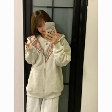 批发仿棉复合秋冬美式大码撞色格子拼接连帽<b class='q'>卫衣</b>女慵懒风拉链<b class='q'>开衫</b>外套