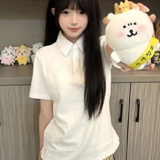 批发2025夏季新款百搭休闲polo衫女士短袖T恤宽松港风翻领体恤上衣服