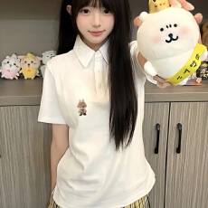 批发美式短袖polo衫女夏季2025新款ins<b class='q'>潮牌</b>宽松休闲百搭翻领体恤上衣