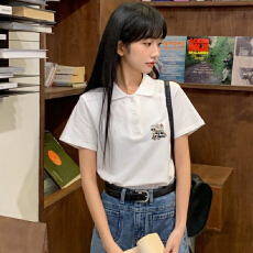 批发翻领正肩polo衫女短袖ins国潮牌宽松短袖体恤夏季潮流百搭上衣服