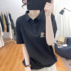 批发黑色翻领短袖t恤女夏季韩版正肩POLO衫<b class='q'>加大码</b>宽松设计感印花上衣