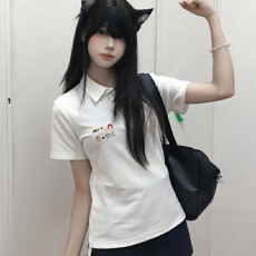 批发学院风大码短袖t恤宽松oversize女夏季polo衫简约印花上衣国潮牌