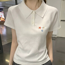 批发白色短袖polo衫<b class='q'>女</b>夏季轻职场通勤穿搭衬衫领t恤正肩美式复古<b class='q'>半袖</b>
