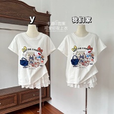 批发2026春夏新款大码卡通印花100%纯棉圆领短袖T恤女款宽松百搭上衣
