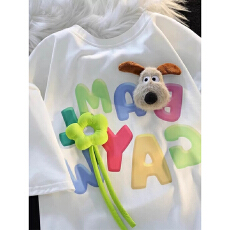 批发设计感可爱狗狗立体花朵短袖t恤女夏装宽松学院风甜妹小众上衣ins