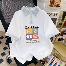 批发设计印花polo领<b class='q'>短袖</b>男女t恤2026夏装学院风韩版新款拼接<b class='q'>情侣</b><b class='q'>潮流</b>