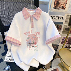 批发<b class='q'>短袖</b>T恤女夏季新款经典格子领百搭休闲学院风polo领<b class='q'>情侣</b><b class='q'>大码</b>上衣