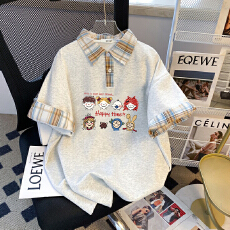 批发2026夏季<b class='q'>衬衫</b>格子拼接两件新款T恤宽松短袖<b class='q'>情侣</b><b class='q'>短袖</b>polo衫男女潮