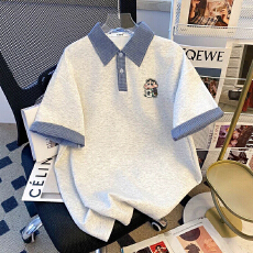 批发短袖T恤高级卡通简约拼色<b class='q'>夏季</b>休闲蓝色百搭清新POLO上衣多巴胺潮