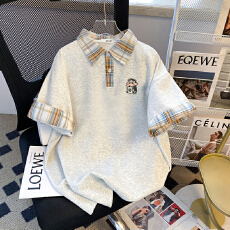 批发设计潮流简约polo时尚休闲翻领短袖<b class='q'>夏季</b>女外拼接格子T恤学院胖mm