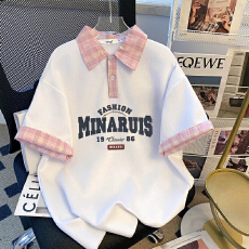 批发美式复古学院设计小众印花poloT恤休闲2026拼接<b class='q'>夏季</b>格子宽松短袖