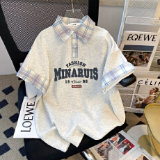 批发韩版显瘦<b class='q'>夏季</b>polo半袖设计短袖新款拼接大码格子印花宽松学院上衣