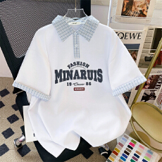 批发<b class='q'>夏季</b>显瘦polo半袖短袖新款学生拼接格子宽松上衣学院chic修身时尚