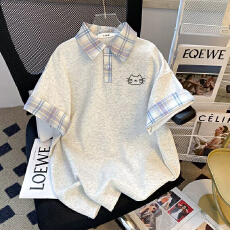 批发休闲夏季女外翻领短袖polo拼接T恤设计<b class='q'>潮流</b>简约学院<b class='q'>时尚</b>格子遮肉