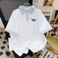 批发夏季女外T恤短袖格子翻领拼接polo设计<b class='q'>潮流</b>学院简约<b class='q'>时尚</b>休闲遮肉