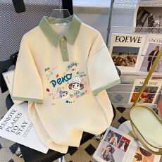 大码宽松新款拼接2026绿色格子polo短袖T恤夏季翻领印花上衣夏季