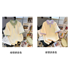 批发多巴胺格纹翻领拼接两件polo<b class='q'>大</b>码上衣简约休闲美式短袖校园衣服潮