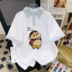 新款2026格子拼接夏季美式宽松polo翻领短袖T恤学院上衣清新潮牌