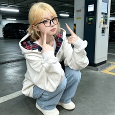 批发仿棉复合2026复古大码格纹连帽卫衣女潮牌慵懒风拼接宽松开衫外套