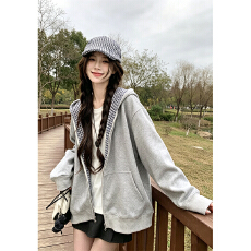 批发仿棉复合复古简约格纹连帽卫衣女慵懒风大码拼接宽松开衫外套潮牌
