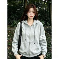 批发慵懒风女连帽外套三条杠<b class='q'>长袖</b>潮牌春秋季<b class='q'>大码</b>韩系百搭气质上衣外穿