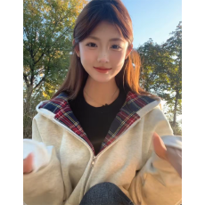批发仿棉复合格纹连帽女卫衣秋冬季韩系宽松<b class='q'>大码</b><b class='q'>长袖</b>休闲上衣百搭气质