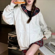 批发仿棉复合格纹连帽女卫衣2026新款秋季<b class='q'>长袖</b><b class='q'>大码</b>休闲外套小众松弛感