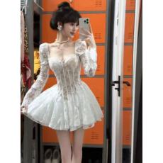 批发纯欲风高级感收腰修身蕾丝蓬蓬公主裙漂亮独特长袖连衣裙2025秋季