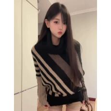 批发撞色条纹高领蝙蝠袖针织衫女秋冬宽松慵懒风套头毛衣打底<b class='q'>长袖</b>上衣