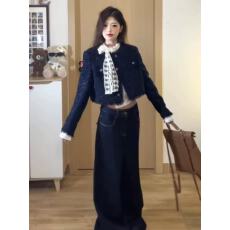 批发一整套ootd穿搭又a又飒<b class='q'>套装</b>小香风外套<b class='q'>蕾丝</b>内搭阔腿牛仔裤三件套