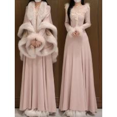 批发江浙沪富家千金穿搭粉色气质<b class='q'>连衣裙</b>外搭斗篷重要场合生日裙子25冬