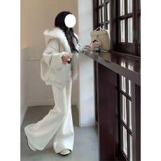 白色毛毛领连帽卫衣外套女秋冬季加绒加厚棉服小个子短款拉链上衣