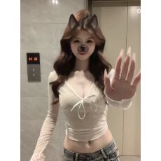 批发纯欲风辣妹v领长袖t恤女早春冬季<b class='q'>修身</b>内搭性感微透短款打底衫上衣