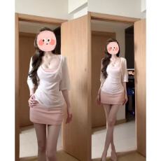 批发粉色挂脖吊带连衣裙包臀短裙子罩衫<b class='q'>上衣</b>早春漂亮穿搭初夏绝美套装