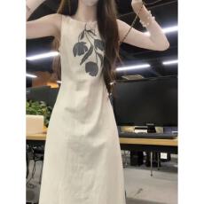 批发简单大方无袖<b class='q'>连衣裙</b>女夏设计感小众亚麻<b class='q'>印花</b>漂亮独特气质法式长裙