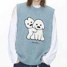 批发韩系针织衫坎肩马甲秋冬宽松卡通小狗<b class='q'>图案</b>刺绣无袖毛衣<b class='q'>背心</b>