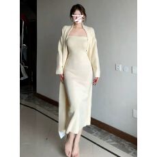 批发法式复古红色高级感抹胸针织套装<b class='q'>连衣裙</b>子女秋冬新款气质长裙