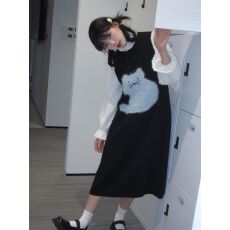 批发秋冬小众手绘猫咪<b class='q'>图案</b>针织<b class='q'>背心</b>连衣裙小个子甜美可爱无袖中毛衣