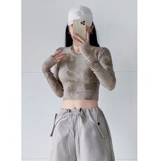 批发<b class='q'>欧美</b>街头长袖高腰修身圆领露脐扎染上衣女