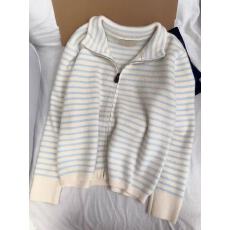 批发韩系设计感撞色条纹<b class='q'>气质</b>拉链毛衣女秋冬显瘦立领上衣