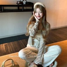 批发秋季新款韩系圆领刺绣条纹针织<b class='q'>开衫</b>显瘦<b class='q'>长袖</b>百搭上衣外套女