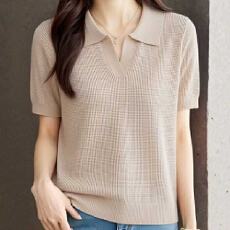 批发2026年夏季新款韩版时尚翻领半开胸纹理<b class='q'>镂空</b>针织短袖上衣