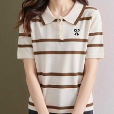 批发韩版百搭新款时尚翻领半开胸扭结刺绣条纹针织上衣