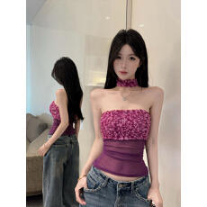 批发<b class='q'>网纱</b>拼接挂脖吊带背心设计感带胸垫镂空内搭打底修身抹胸亮片<b class='q'>上衣</b>