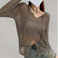 批发宽松镂空<b class='q'>针织</b>设计感长袖上衣女春夏季新款开叉防晒<b class='q'>罩衫</b>小众上衣潮