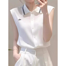 批发法式复古白色正肩外穿上衣设计感超好看夏季条纹polo领无袖<b class='q'>衬衫</b>女