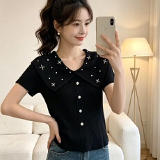 批发休闲风短袖<b class='q'>T</b><b class='q'>恤</b>女<b class='q'>翻领</b>荷叶边收腰显瘦修身型针织衫上衣